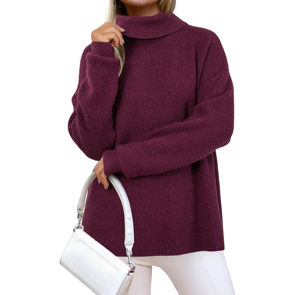 imageArachampampCloz Womens Wool Blend Turtleneck Fall Winter Casual Ribbed Oversized Sweater Tops 2025Dark Red