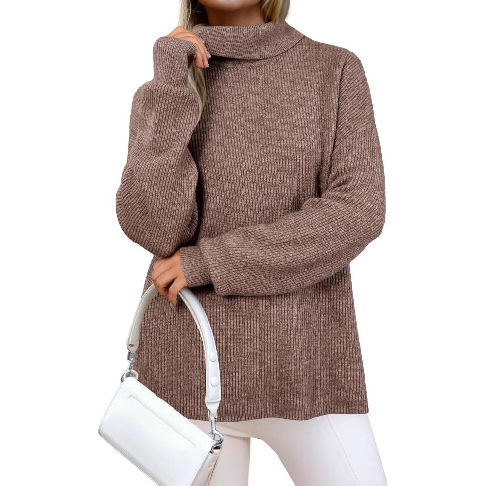 imageArachampampCloz Womens Wool Blend Turtleneck Fall Winter Casual Ribbed Oversized Sweater Tops 2025Khaki