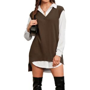 Arach&Cloz Women’s Wool Blend Side Slit High Low Versatile V Neck Fall Tunic Sweater Vests 2025(Brown)