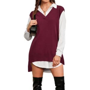 Arach&Cloz Women’s Wool Blend Side Slit High Low Versatile V Neck Fall Tunic Sweater Vests 2025(Dark Red)