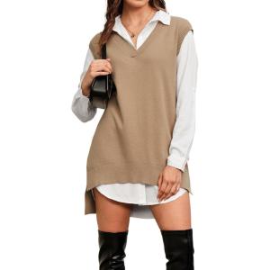 Arach&Cloz Women’s Wool Blend Side Slit High Low Versatile V Neck Fall Tunic Sweater Vests 2025(Khaki)