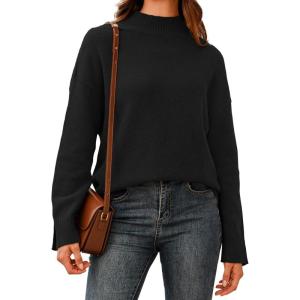 Arach&Cloz Women’s Wool Blend Soft Mock Neck Casual Oversized Fall Sweater(Black)