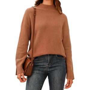 Arach&Cloz Women’s Wool Blend Soft Mock Neck Casual Oversized Fall Sweater(Brown)