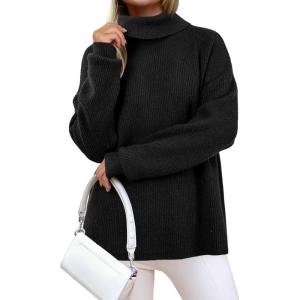 Arach&Cloz Women’s Wool Blend Turtleneck Fall Winter Casual Ribbed Oversized Sweater Tops 2025(Black)