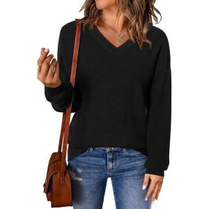 Arach&Cloz Women’s Wool Blend V Neck Fall Business Casual Sweater Tops 2025(Black)
