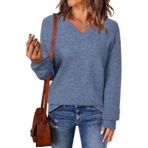 Arach&Cloz Women’s Wool Blend V Neck Fall Business Casual Sweater Tops 2025(Denim Blue)