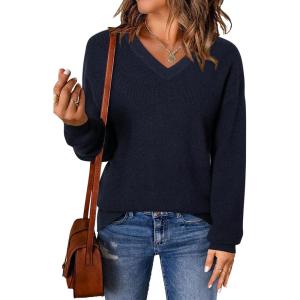 Arach&Cloz Women’s Wool Blend V Neck Fall Business Casual Sweater Tops 2025(Navy)