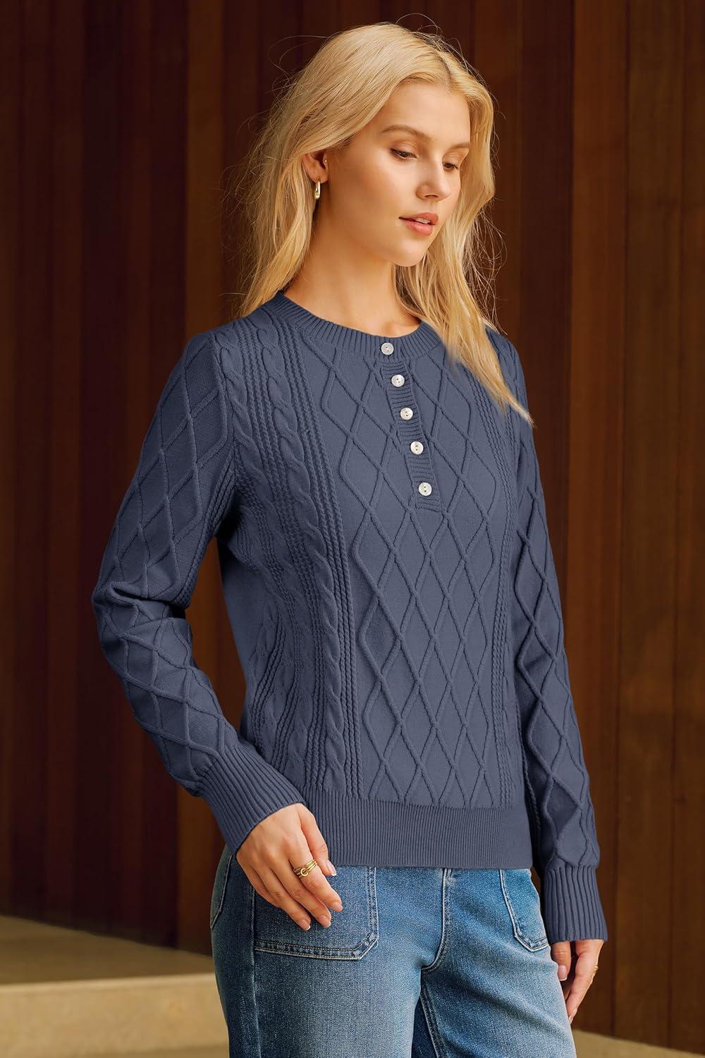 imageArachampampCloz Womens Comfy Cotton Blend Cable Knit Casual Sweaters 2025Grey Blue