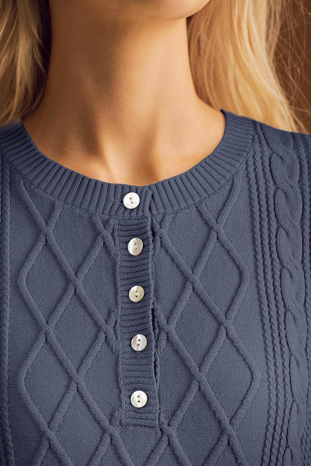 imageArachampampCloz Womens Comfy Cotton Blend Cable Knit Casual Sweaters 2025Grey Blue