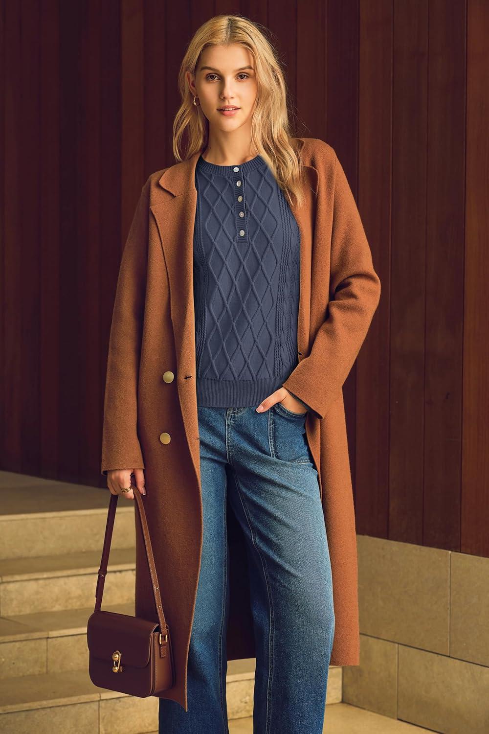 imageArachampampCloz Womens Comfy Cotton Blend Cable Knit Casual Sweaters 2025Grey Blue