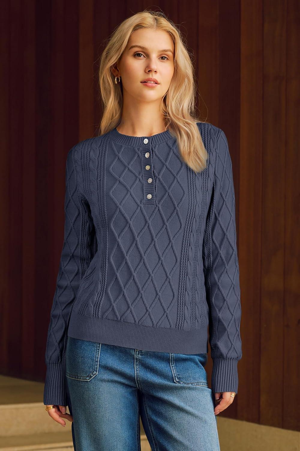 imageArachampampCloz Womens Comfy Cotton Blend Cable Knit Casual Sweaters 2025Grey Blue