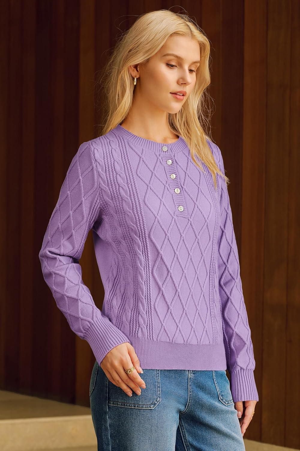 imageArachampampCloz Womens Comfy Cotton Blend Cable Knit Casual Sweaters 2025Light Purple