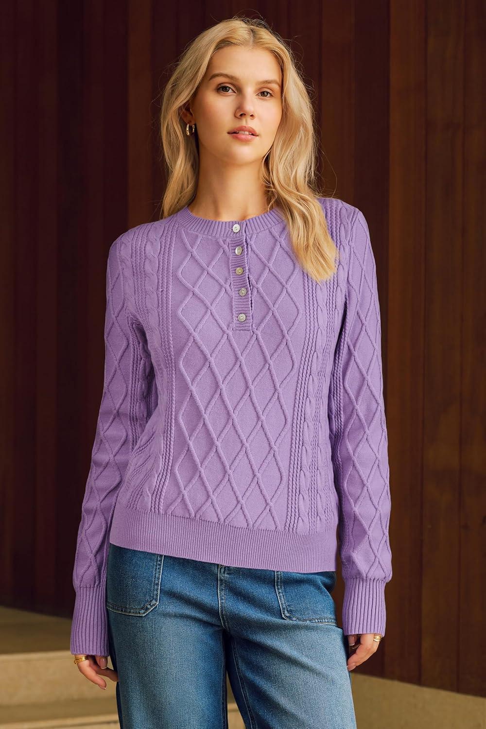 imageArachampampCloz Womens Comfy Cotton Blend Cable Knit Casual Sweaters 2025Light Purple