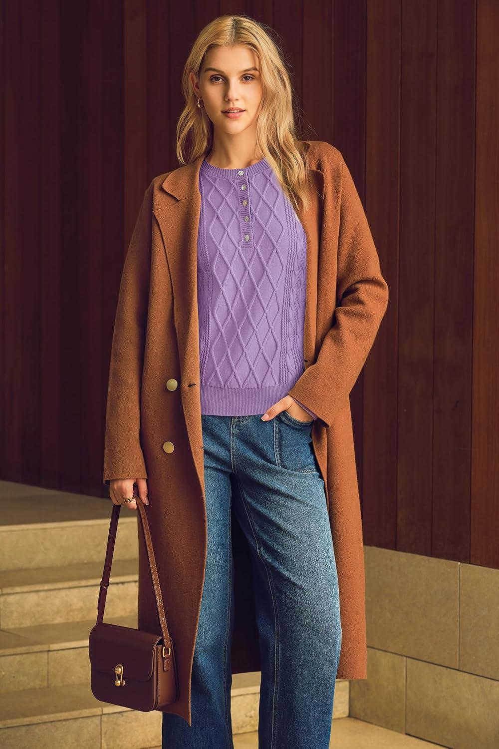 imageArachampampCloz Womens Comfy Cotton Blend Cable Knit Casual Sweaters 2025Light Purple