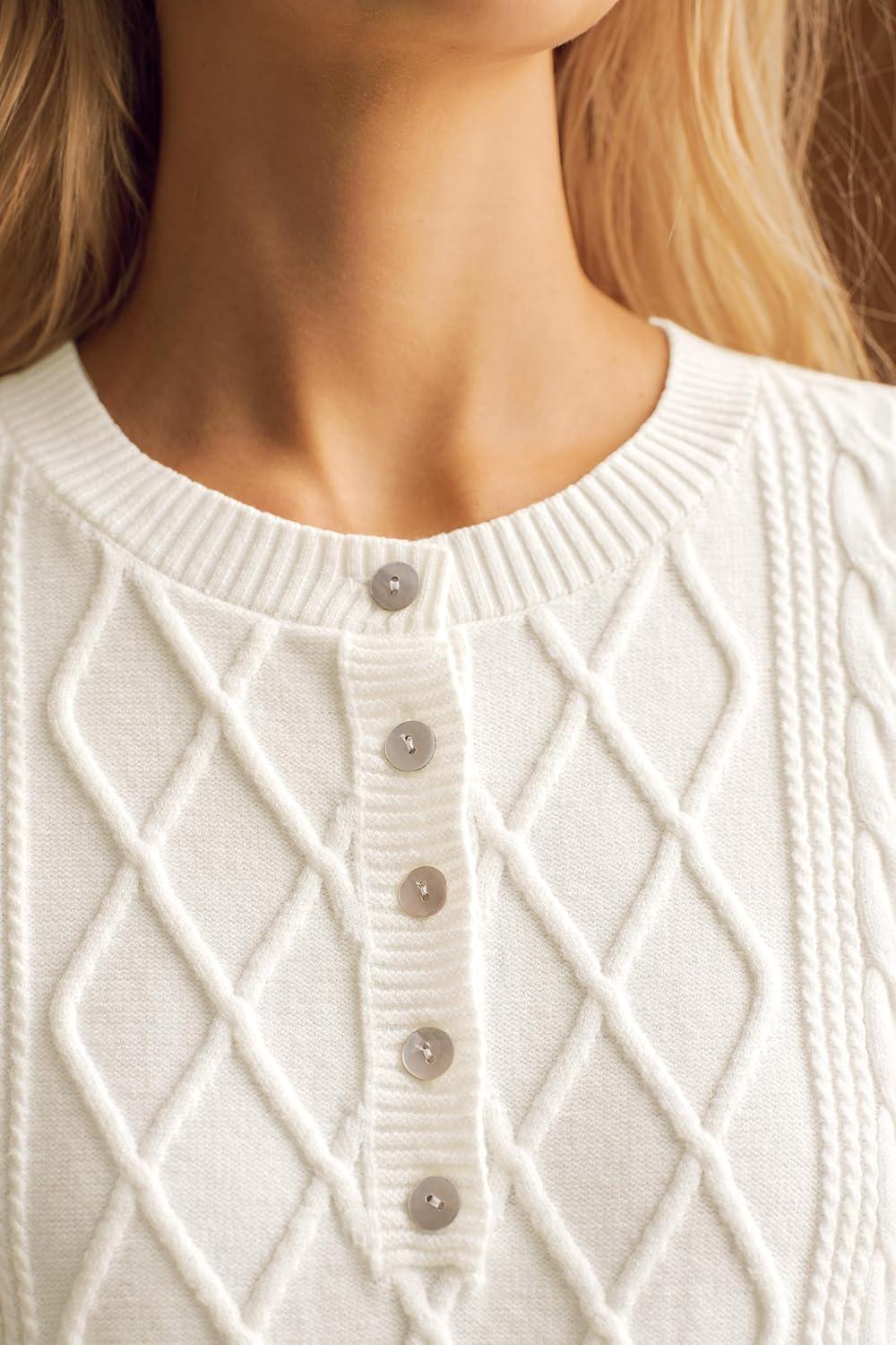 imageArachampampCloz Womens Comfy Cotton Blend Cable Knit Casual Sweaters 2025White