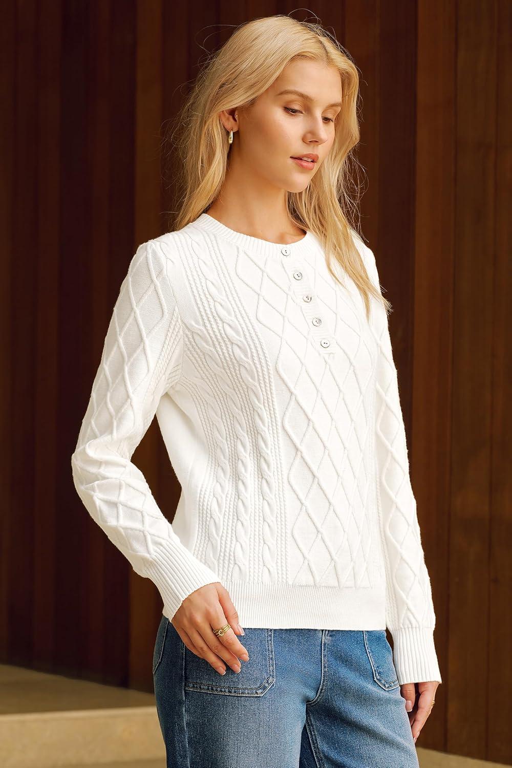 imageArachampampCloz Womens Comfy Cotton Blend Cable Knit Casual Sweaters 2025White