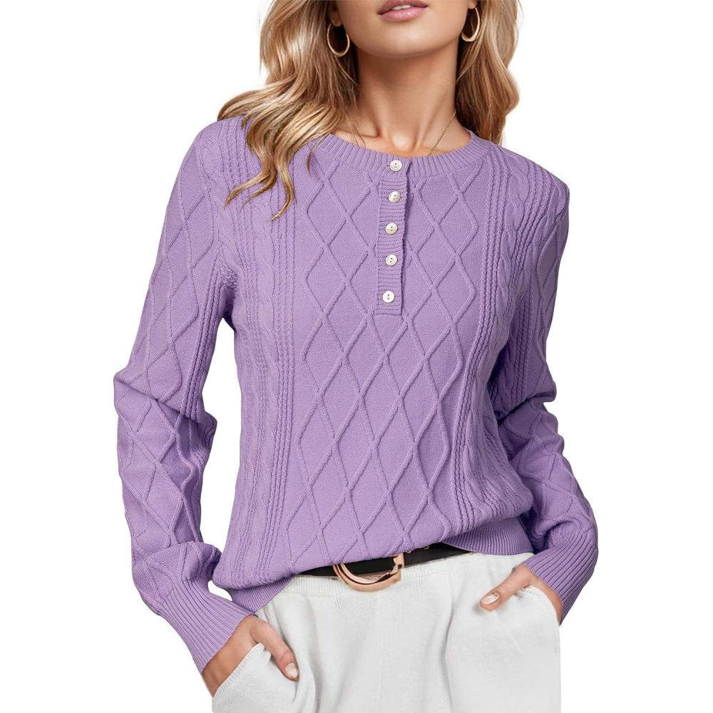imageArachampampCloz Womens Comfy Cotton Blend Cable Knit Casual Sweaters 2025Light Purple