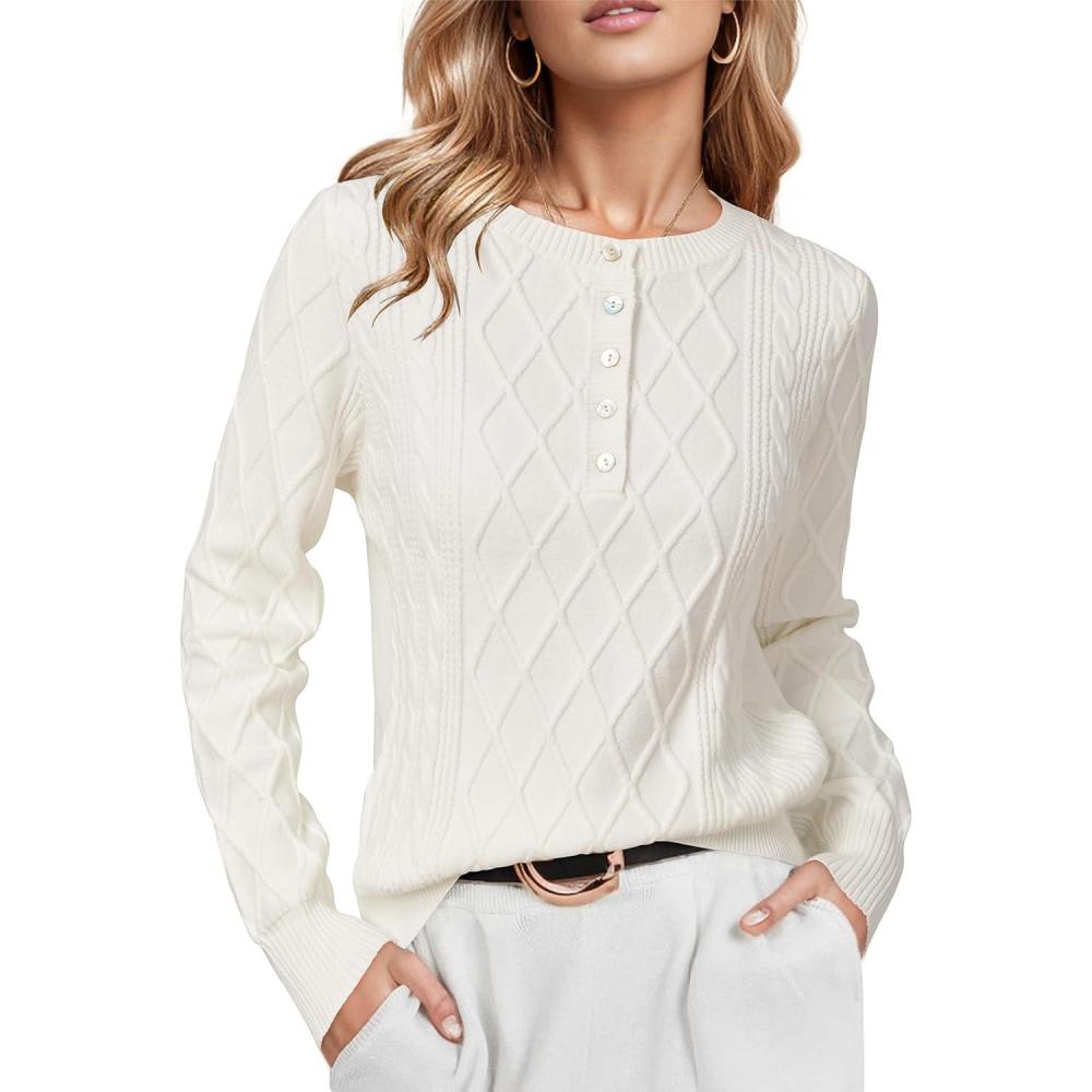 imageArachampampCloz Womens Comfy Cotton Blend Cable Knit Casual Sweaters 2025White