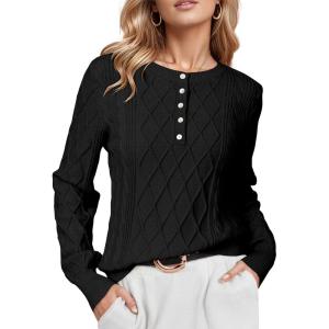 Arach&Cloz Womens Comfy Cotton Blend Cable Knit Casual Sweaters 2025(Black)