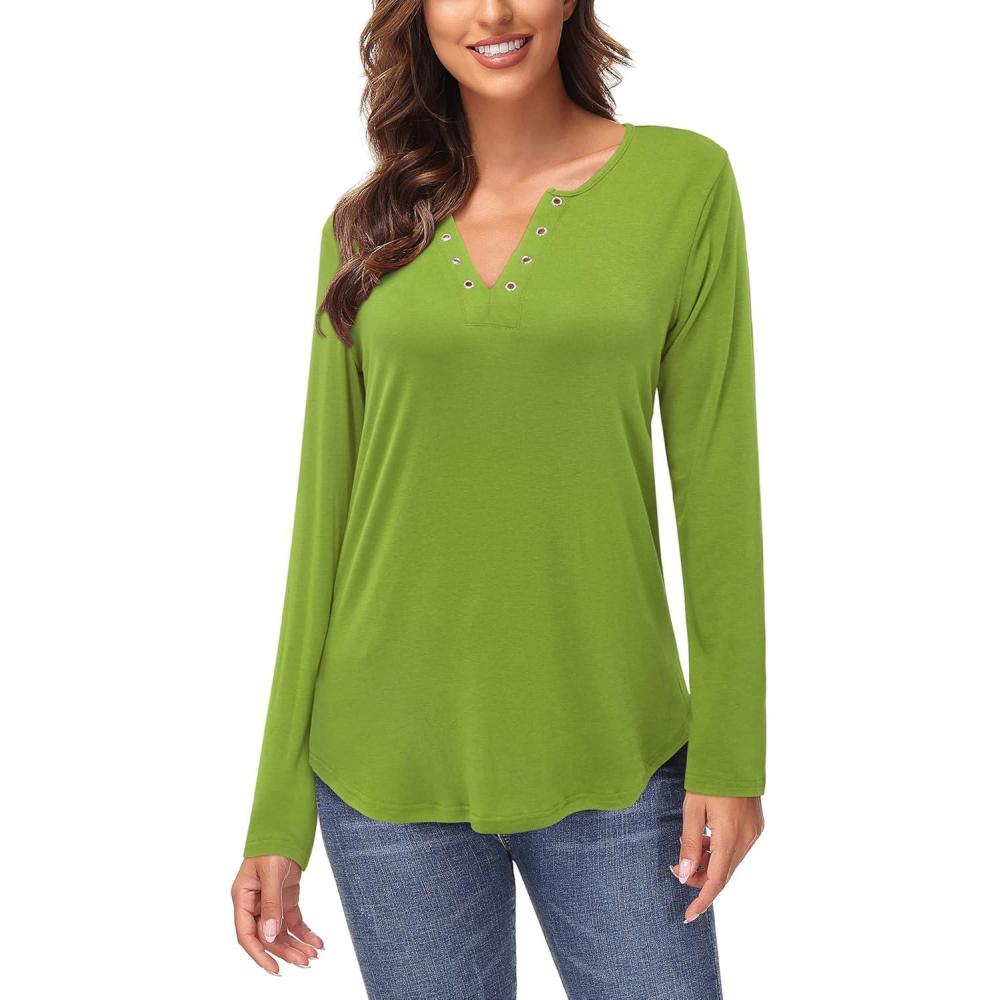 imageArachampampCloz Womens Long Sleeve Lace Fall Tops Solid V Neck Button Henley Shirt Casual Tunic BlouseGreen02
