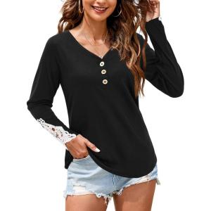 Arach&Cloz Womens Long Sleeve Lace Fall Tops Solid V Neck Button Henley Shirt Casual Tunic Blouse(Black)