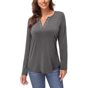 Arach&Cloz Womens Long Sleeve Lace Fall Tops Solid V Neck Button Henley Shirt Casual Tunic Blouse(Dark Gray02)