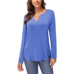 Arach&Cloz Womens Long Sleeve Lace Fall Tops Solid V Neck Button Henley Shirt Casual Tunic Blouse(Purple Blue02)