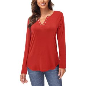 Arach&Cloz Womens Long Sleeve Lace Fall Tops Solid V Neck Button Henley Shirt Casual Tunic Blouse(Red02)