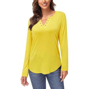 Arach&Cloz Womens Long Sleeve Lace Fall Tops Solid V Neck Button Henley Shirt Casual Tunic Blouse(Yellow01)
