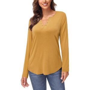 Arach&Cloz Womens Long Sleeve Lace Fall Tops Solid V Neck Button Henley Shirt Casual Tunic Blouse(Yellow02)