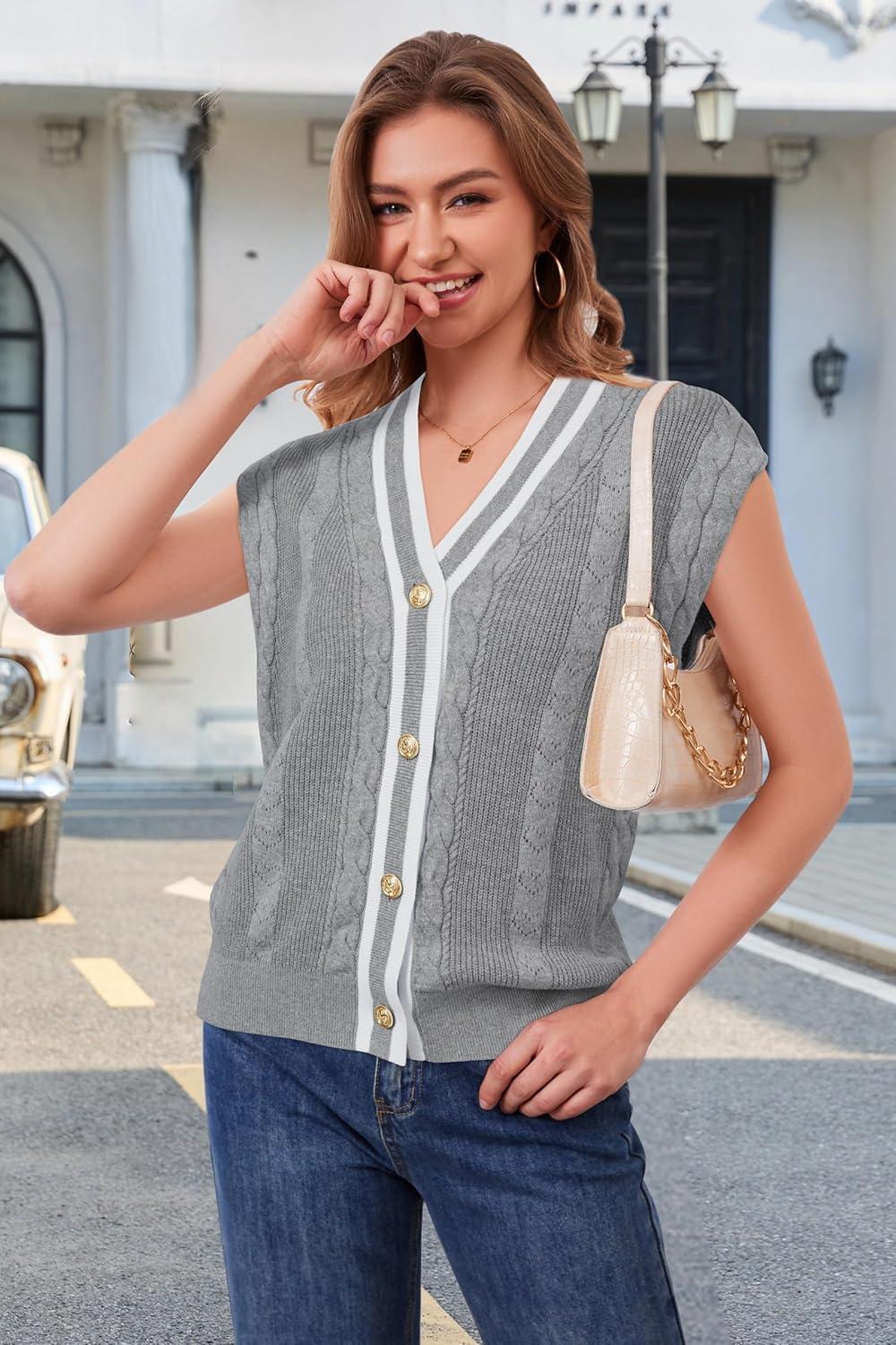 imageArachampampCloz Summer Sweater Vest Women Spring Cap Sleeve V Neck Striped Button Casual Cardigan Sweater Knit Tank Tops 2025Greywhite