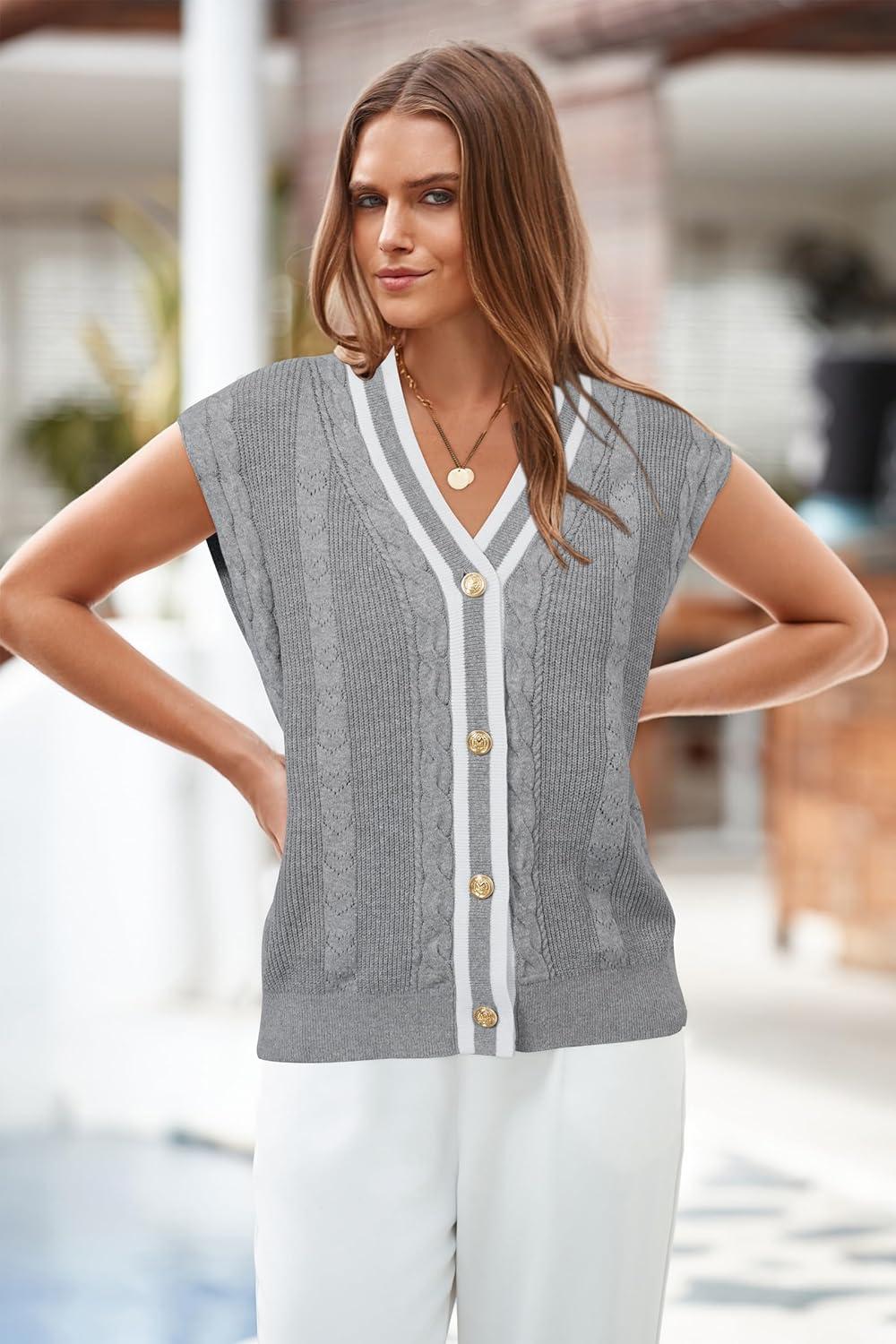 imageArachampampCloz Summer Sweater Vest Women Spring Cap Sleeve V Neck Striped Button Casual Cardigan Sweater Knit Tank Tops 2025Greywhite