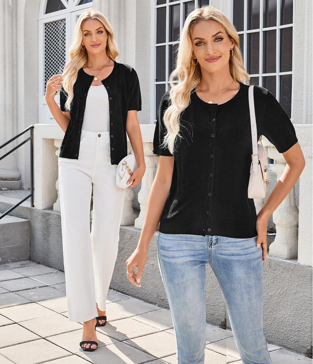 imageArachampampCloz Womens 2025 Summer Lightweight Cropped Cardigan Short Sleeve Crew Neck Bolero Shrug Casual TopBlack