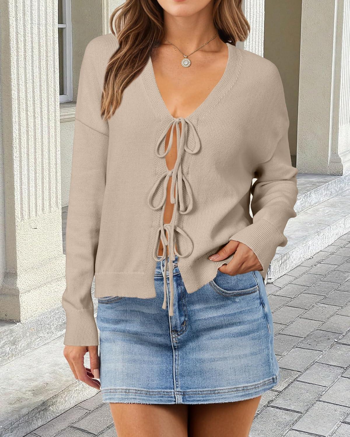 imageArachampampCloz Womens Cozy Cotton Tie Front Fall Trendy Bow Cardigan Sweaters 2025Apricot