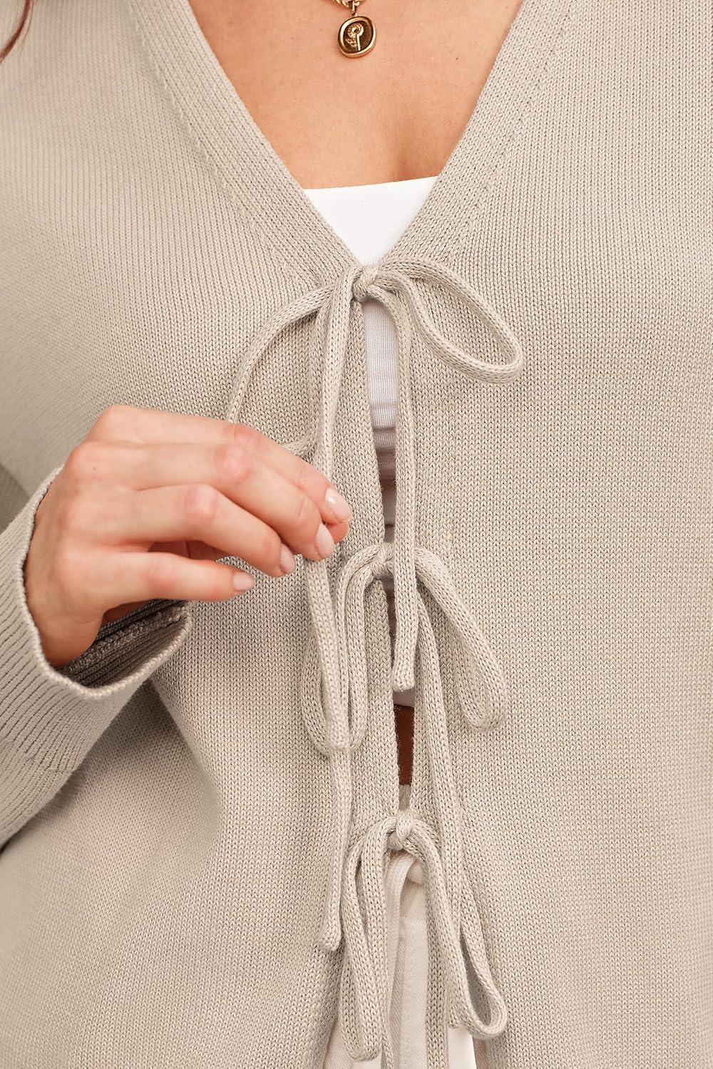 imageArachampampCloz Womens Cozy Cotton Tie Front Fall Trendy Bow Cardigan Sweaters 2025Apricot