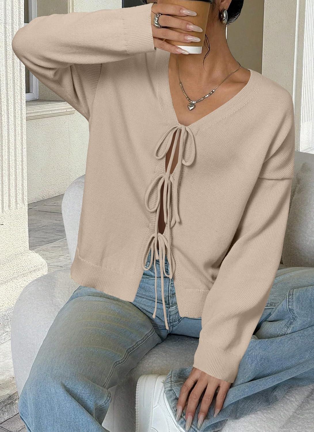 imageArachampampCloz Womens Cozy Cotton Tie Front Fall Trendy Bow Cardigan Sweaters 2025Apricot