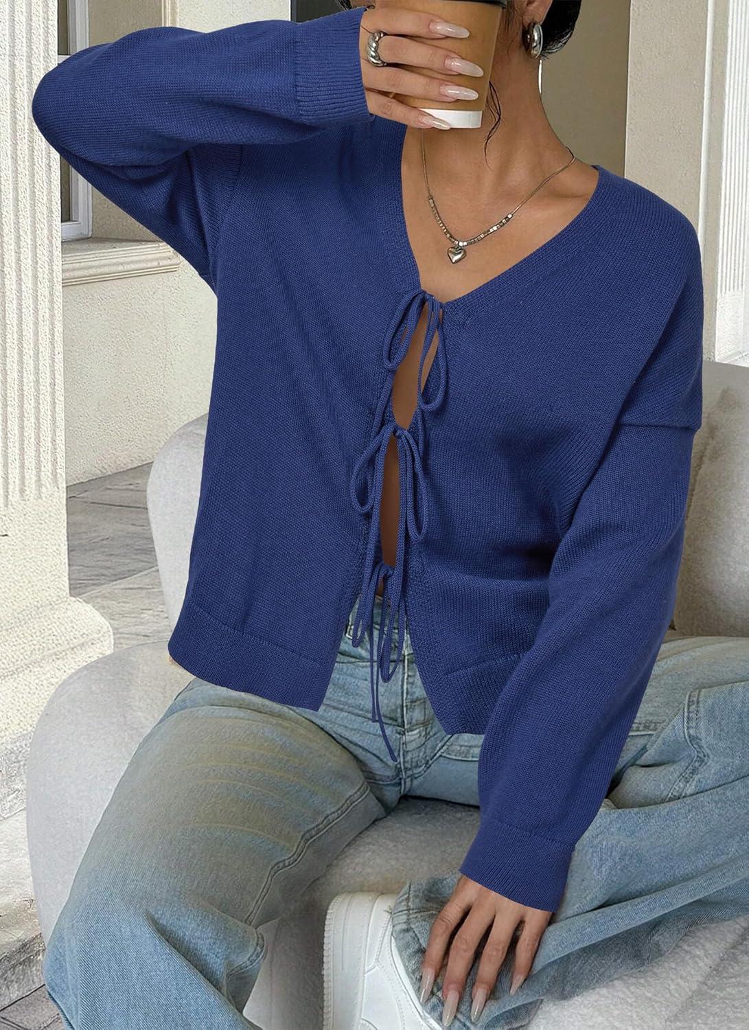 imageArachampampCloz Womens Cozy Cotton Tie Front Fall Trendy Bow Cardigan Sweaters 2025Dark Blue