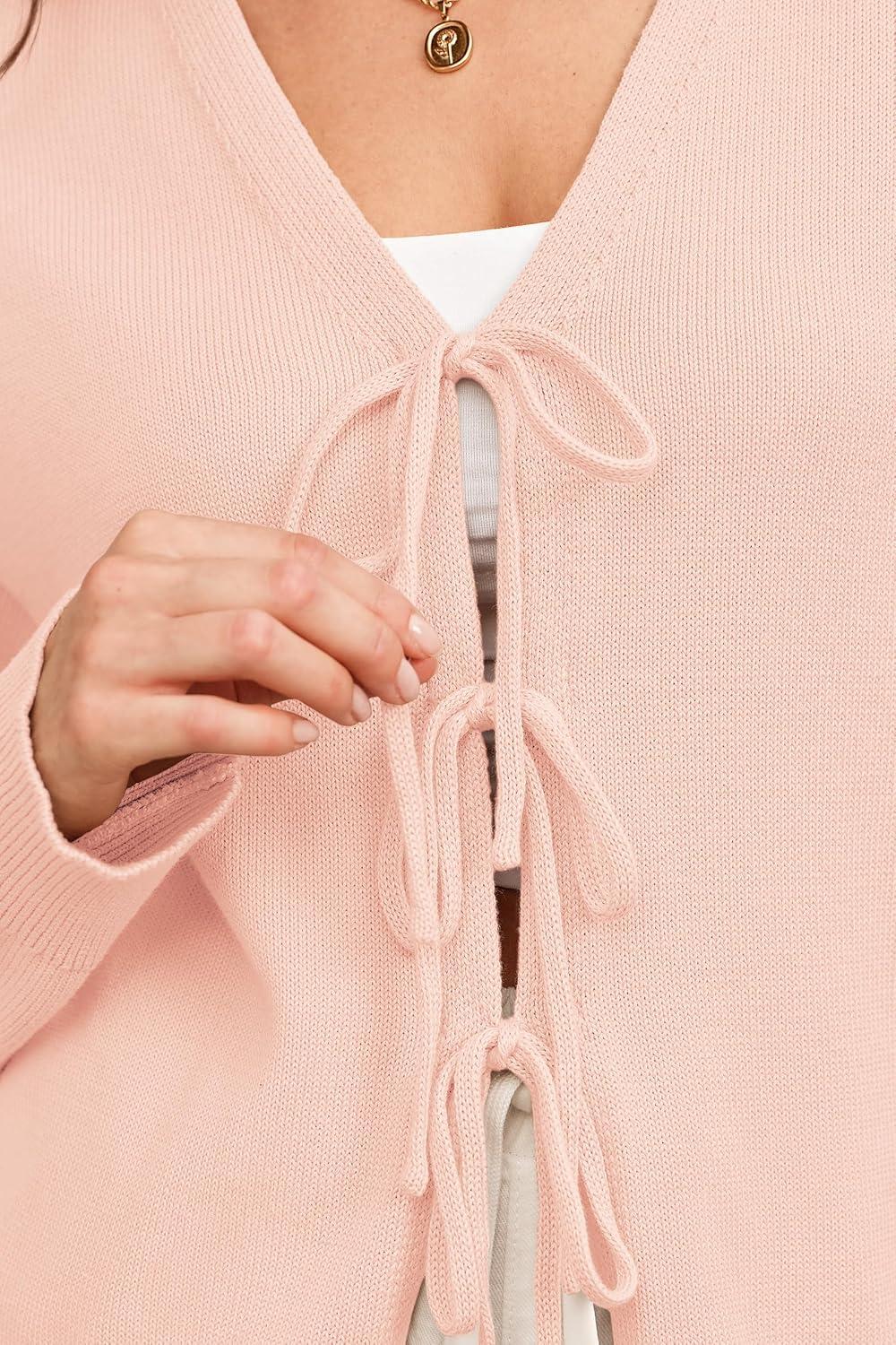 imageArachampampCloz Womens Cozy Cotton Tie Front Fall Trendy Bow Cardigan Sweaters 2025Light Pink