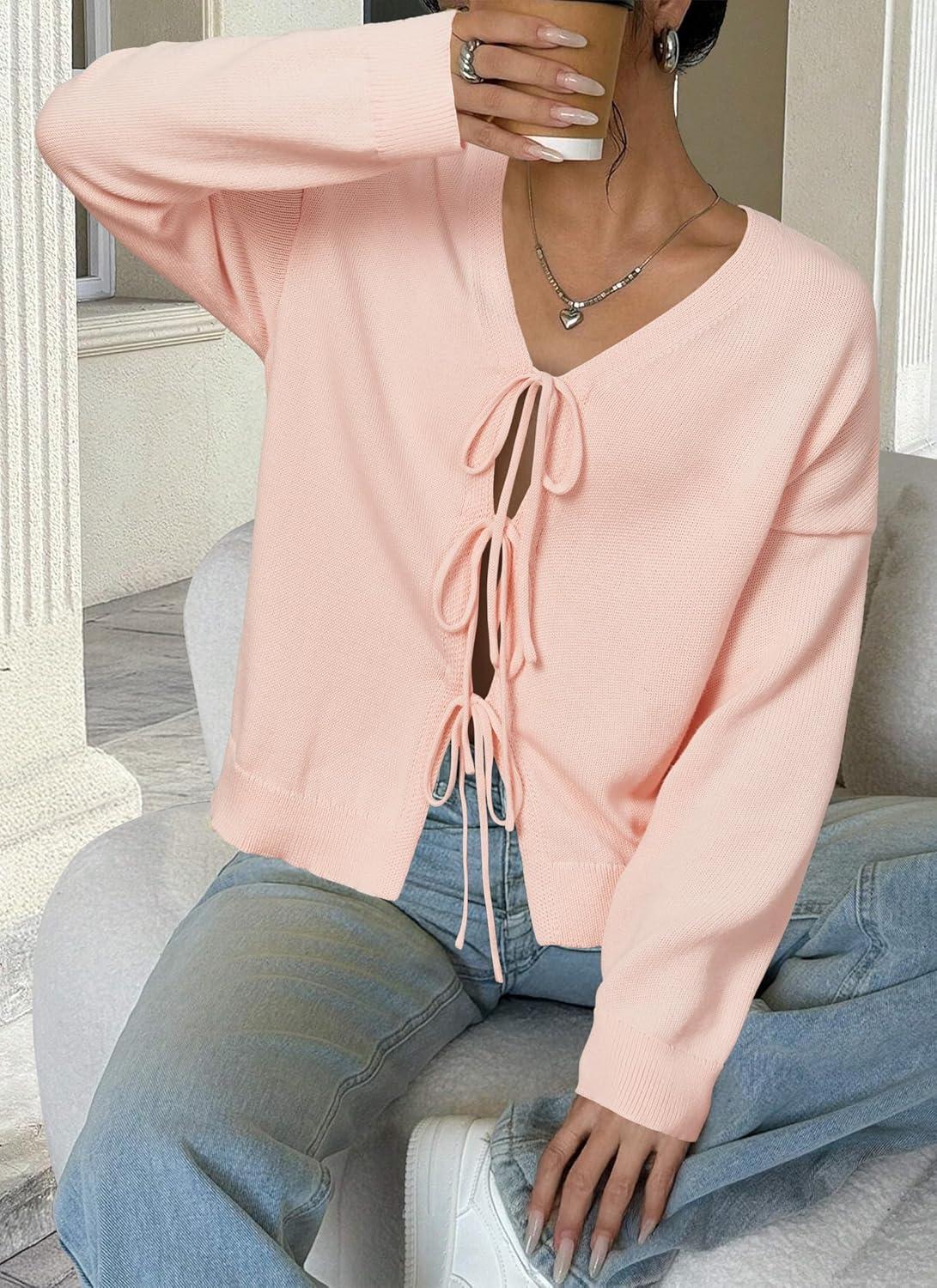 imageArachampampCloz Womens Cozy Cotton Tie Front Fall Trendy Bow Cardigan Sweaters 2025Light Pink