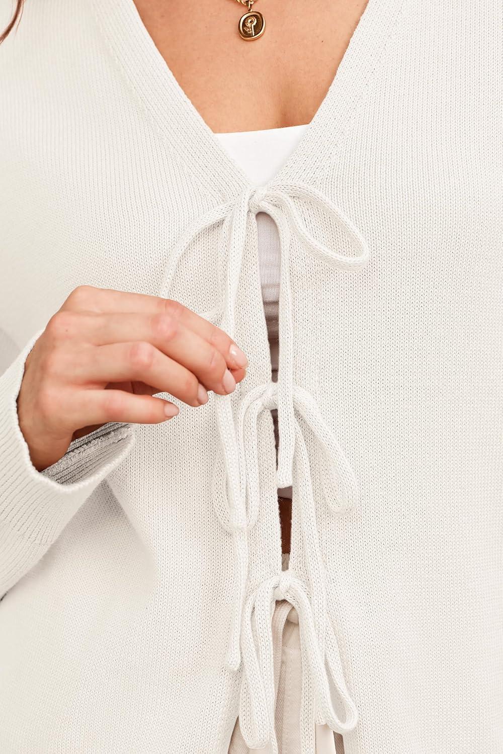 imageArachampampCloz Womens Cozy Cotton Tie Front Fall Trendy Bow Cardigan Sweaters 2025White