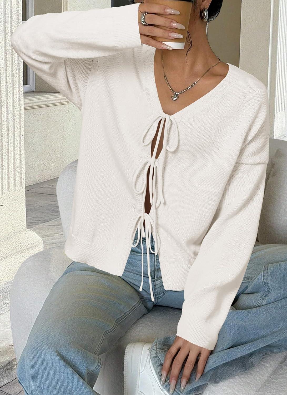 imageArachampampCloz Womens Cozy Cotton Tie Front Fall Trendy Bow Cardigan Sweaters 2025White