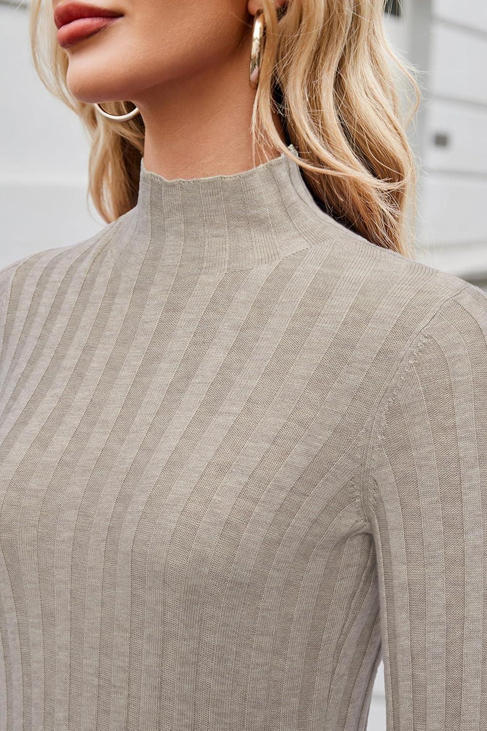 imageArachampampCloz Womens Fall Ribbed Wool Blend Sweater Mock Neck Casual Outfits Long Sleeve Fitted Tops Trendy 2024Apricot