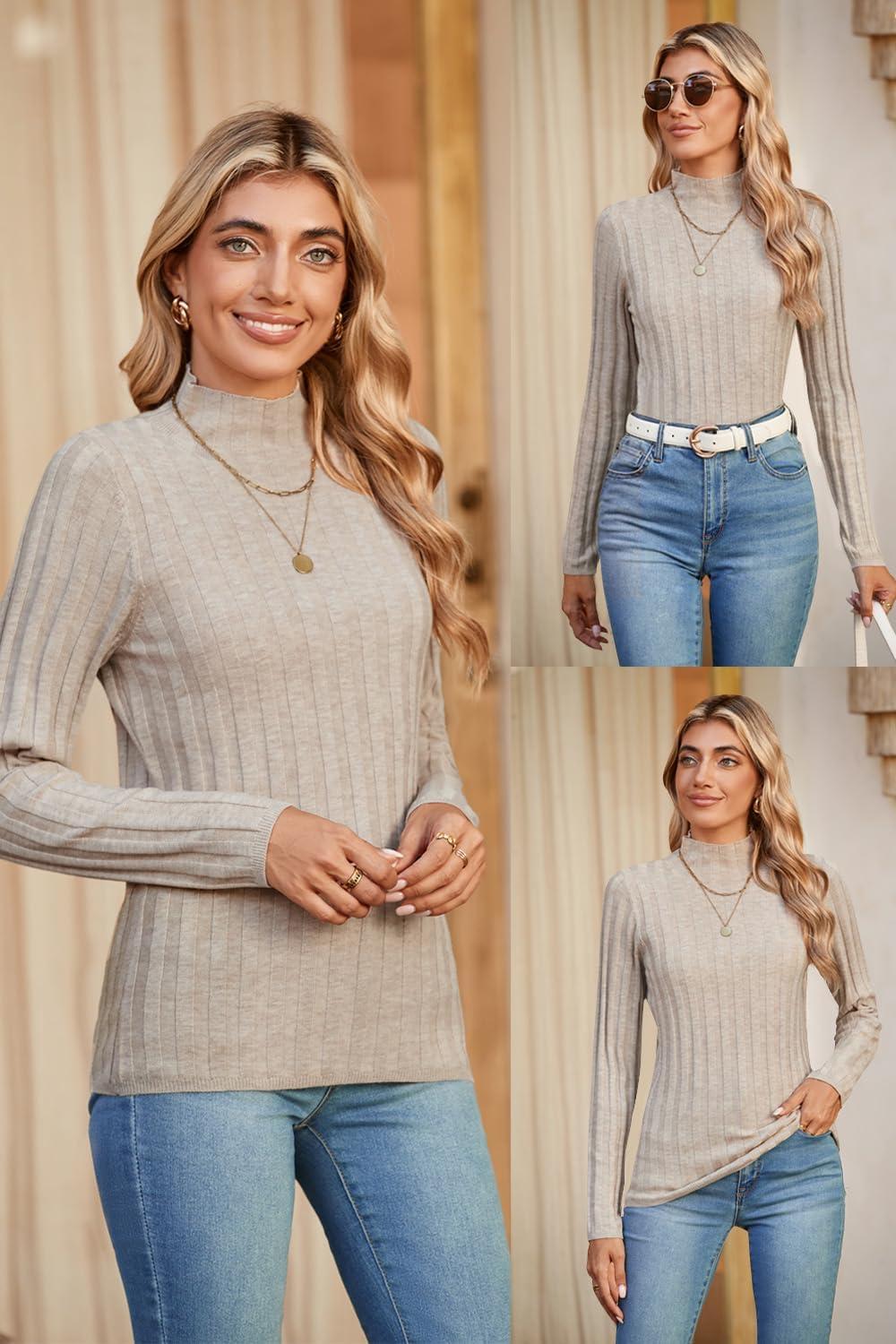 imageArachampampCloz Womens Fall Ribbed Wool Blend Sweater Mock Neck Casual Outfits Long Sleeve Fitted Tops Trendy 2024Apricot