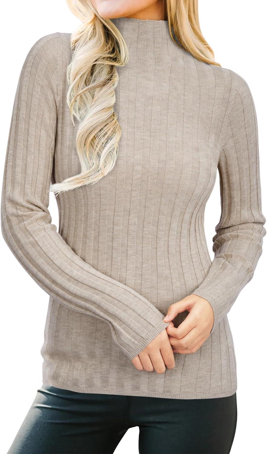 imageArachampampCloz Womens Fall Ribbed Wool Blend Sweater Mock Neck Casual Outfits Long Sleeve Fitted Tops Trendy 2024Apricot