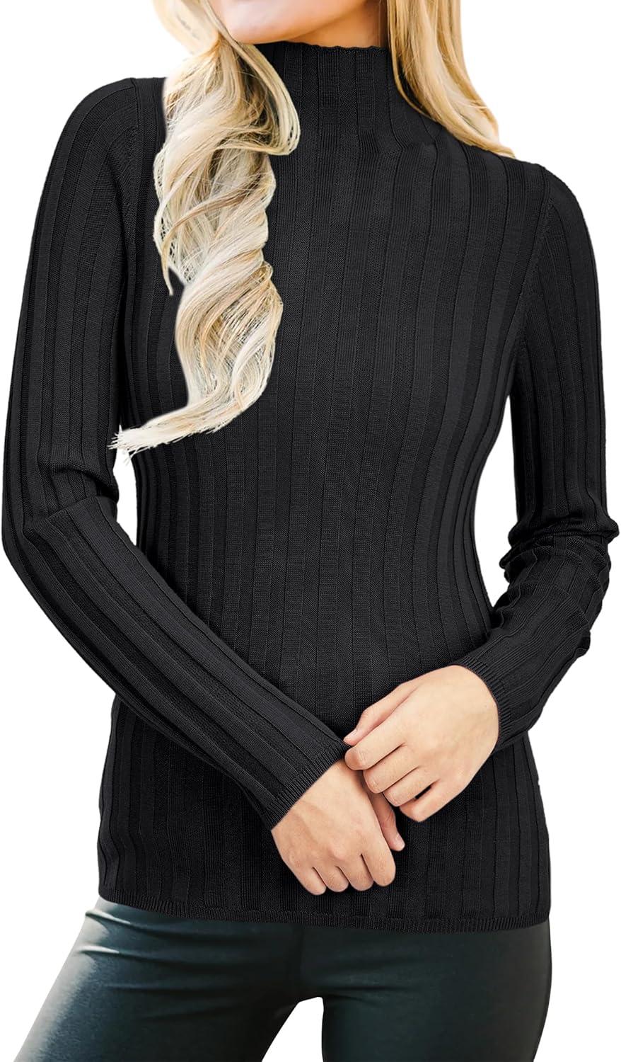 imageArachampampCloz Womens Fall Ribbed Wool Blend Sweater Mock Neck Casual Outfits Long Sleeve Fitted Tops Trendy 2024Black