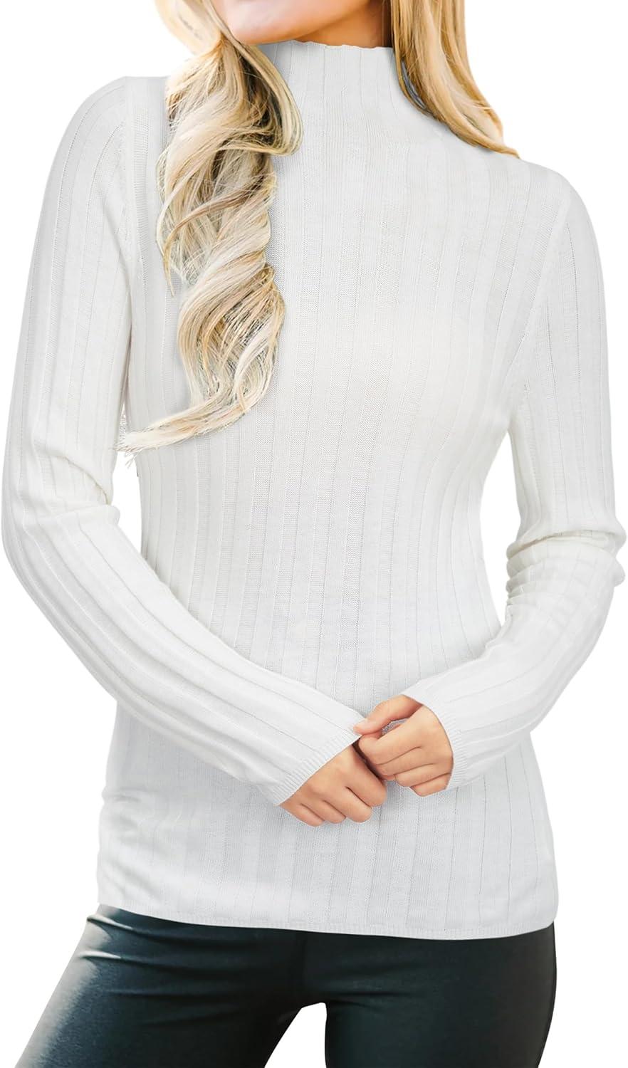 imageArachampampCloz Womens Fall Ribbed Wool Blend Sweater Mock Neck Casual Outfits Long Sleeve Fitted Tops Trendy 2024Offwhite