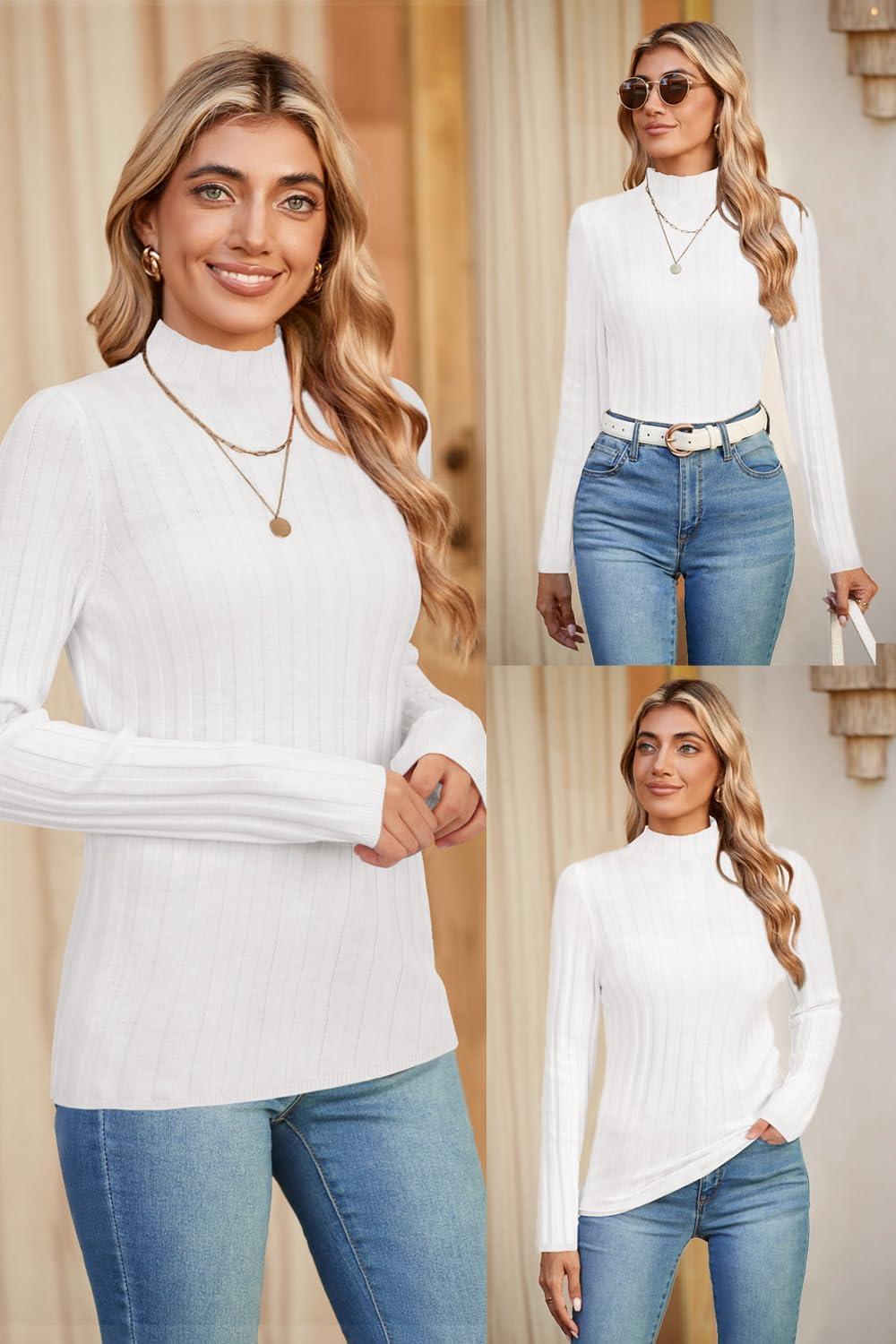 imageArachampampCloz Womens Fall Ribbed Wool Blend Sweater Mock Neck Casual Outfits Long Sleeve Fitted Tops Trendy 2024Offwhite