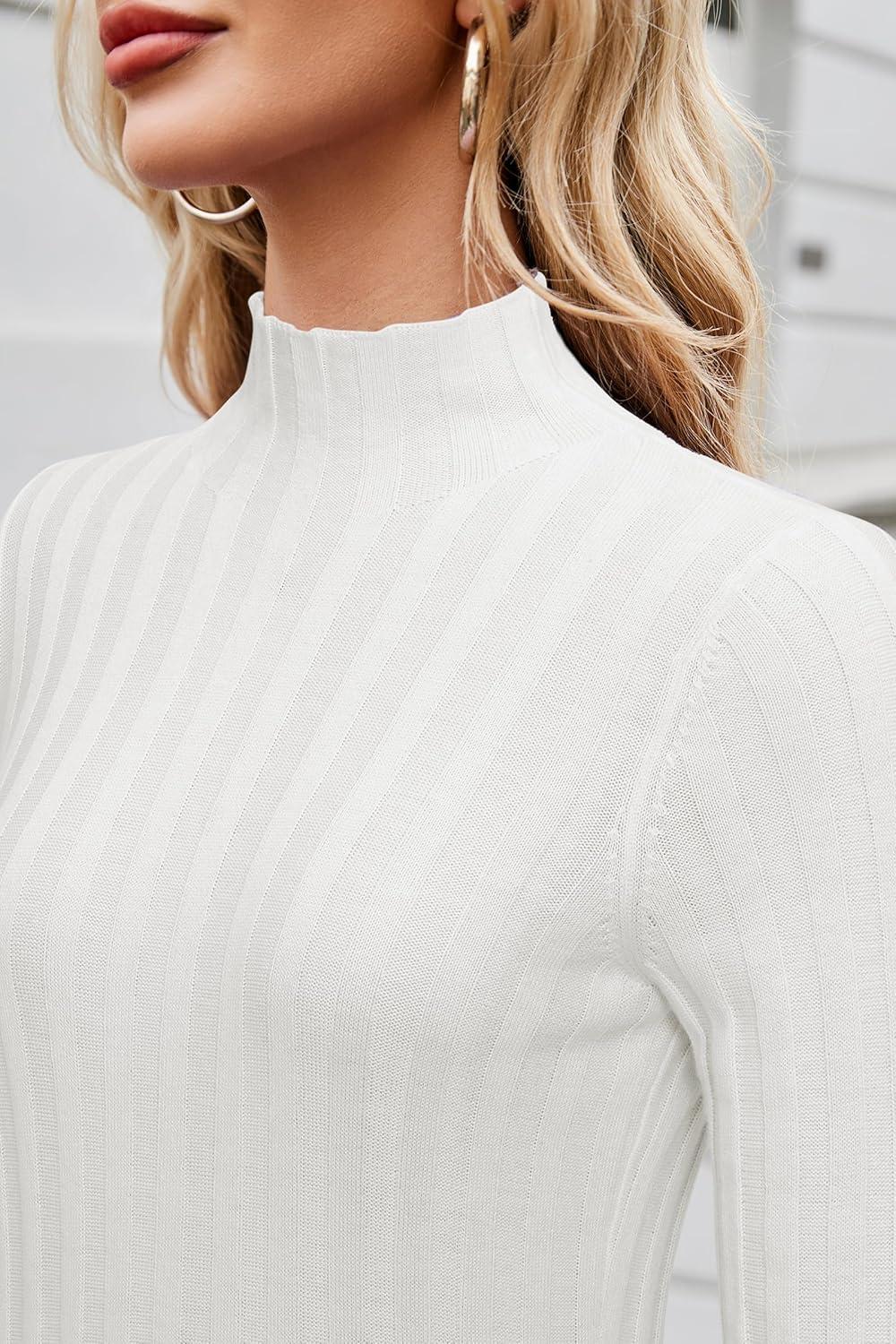 imageArachampampCloz Womens Fall Ribbed Wool Blend Sweater Mock Neck Casual Outfits Long Sleeve Fitted Tops Trendy 2024Offwhite