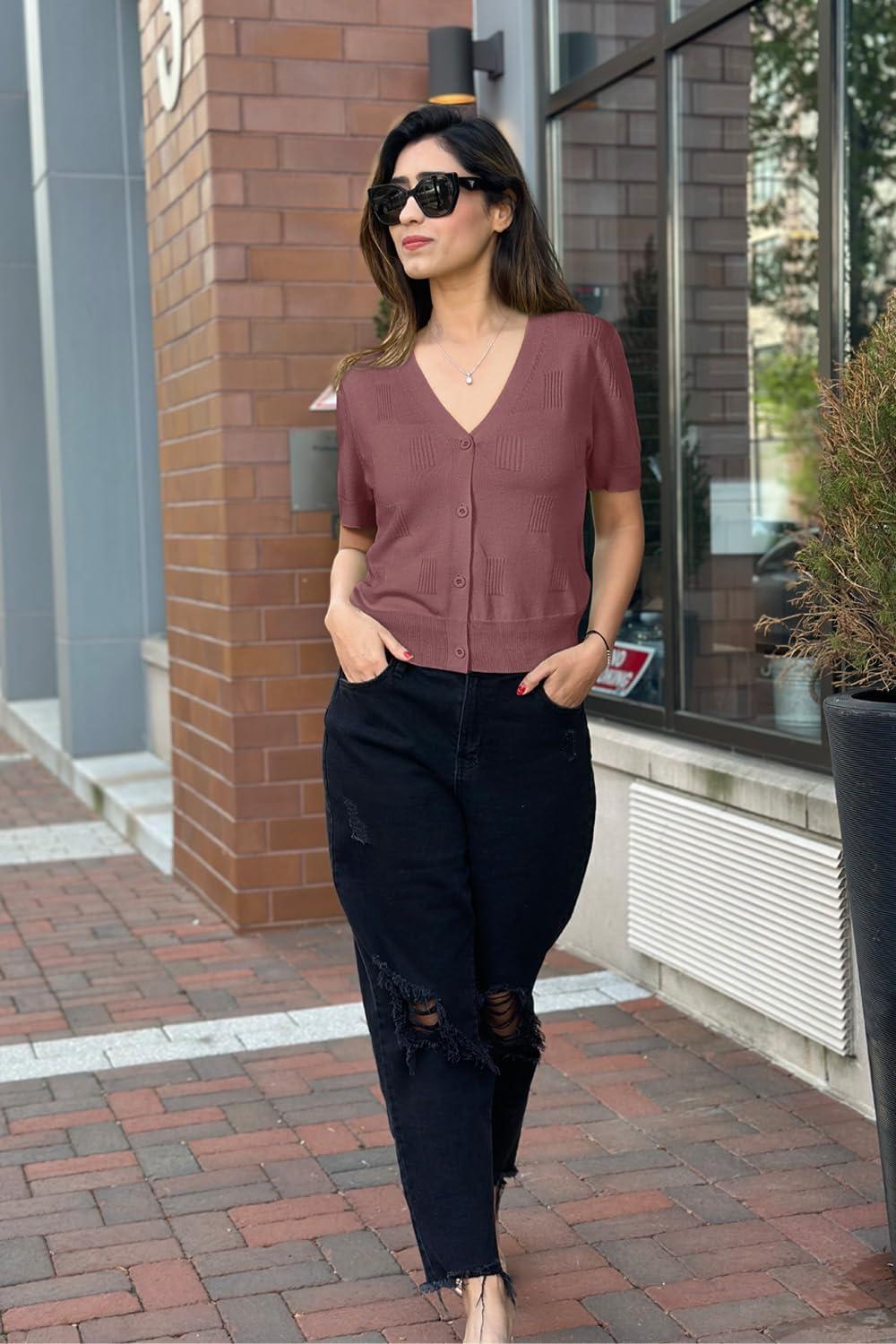 imageArachampampCloz Womens Lightweight Summer Business Casual Cropped Short Sleeve CardiganDusty Red