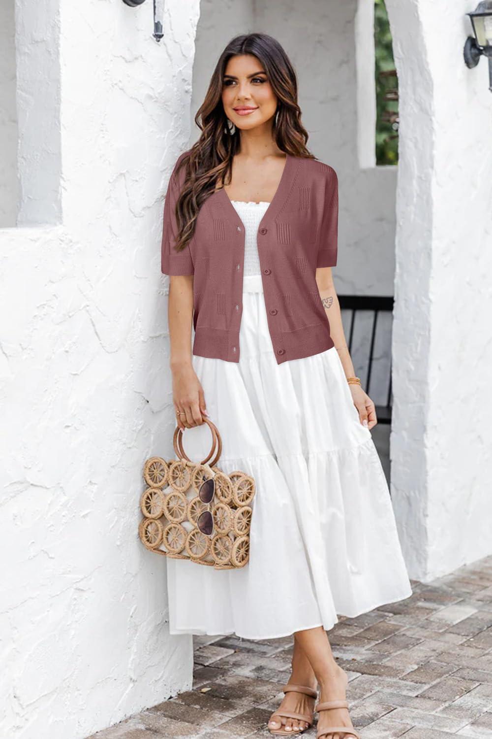 imageArachampampCloz Womens Lightweight Summer Business Casual Cropped Short Sleeve CardiganDusty Red